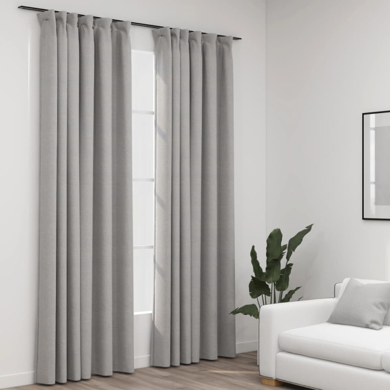 vidaXL Cortinas opacas con ganchos look de lino 2 pzas gris 140x245 cm vidaXL Cortinas opacas con ganchos look de lino 2 pzas gris 140x245 cm
