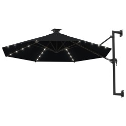 vidaXL Sombrilla de pared con LEDs y poste de metal 300 cm negra