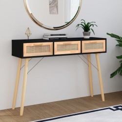 vidaXL Mesa consola madera pino maciza ratán natural negro 105x30x75cm