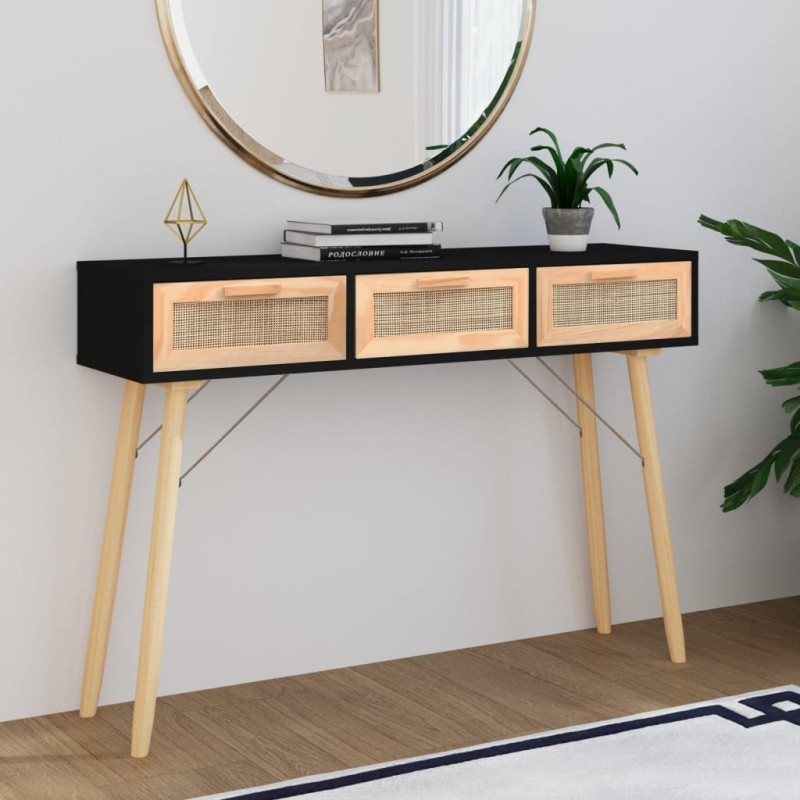vidaXL Mesa consola madera pino maciza ratán natural negro 105x30x75cm