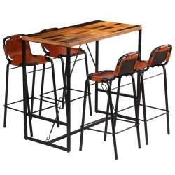 vidaXL Set muebles bar 5 piezas madera maciza reciclada y cuero cabra 