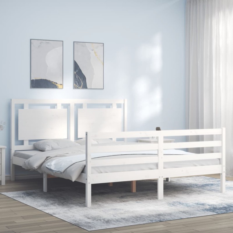 vidaXL Estructura de cama matrimonio con cabecero madera maciza blanco vidaXL Estructura de cama matrimonio con cabecero madera maciza blanco