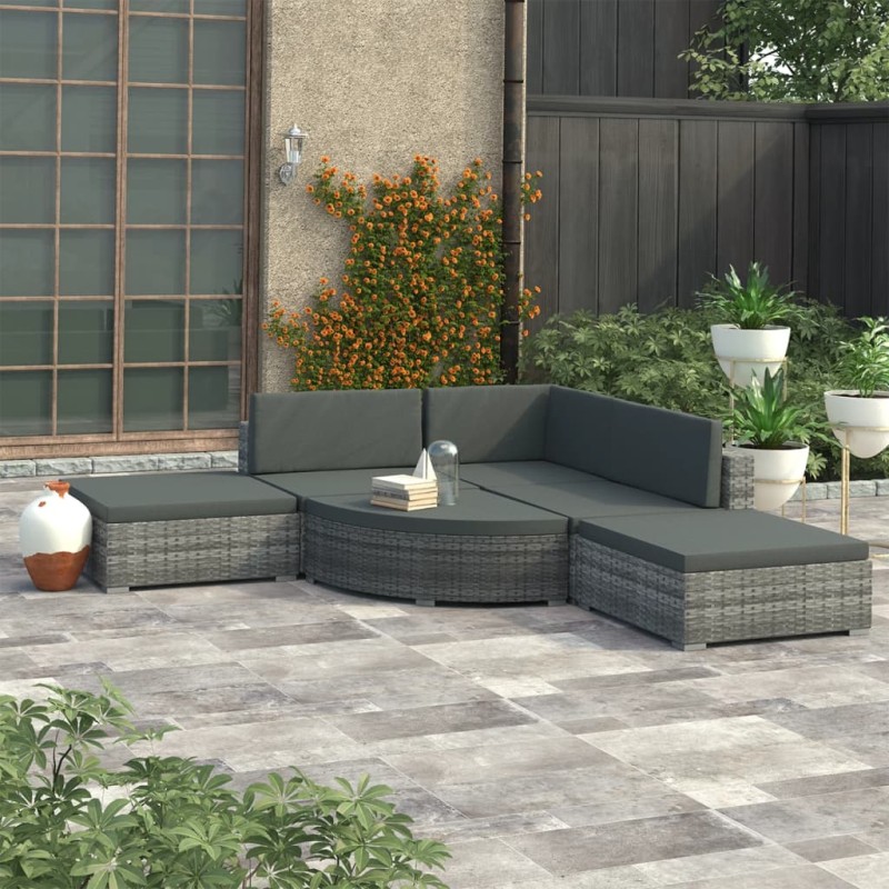 vidaXL Set de muebles de jardín 6 pzas y cojines ratán sintético gris vidaXL Set de muebles de jardín 6 pzas y cojines ratán sintético gris