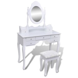 vidaXL Tocador con espejo y taburete 7 cajones blanco  