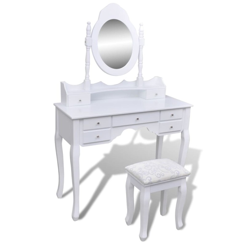 vidaXL Tocador con espejo y taburete 7 cajones blanco vidaXL Tocador con espejo y taburete 7 cajones blanco