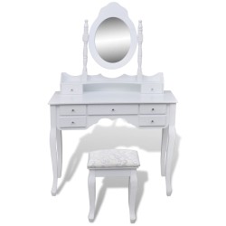 vidaXL Tocador con espejo y taburete 7 cajones blanco  