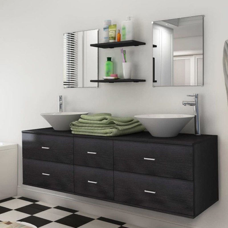 vidaXL Conjunto de muebles de baño con lavabo y grifo 9 piezas negro vidaXL Conjunto de muebles de baño con lavabo y grifo 9 piezas negro