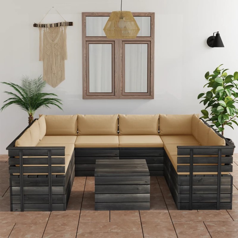 vidaXL Muebles de palets para jardín 9 pzas cojines madera maciza pino