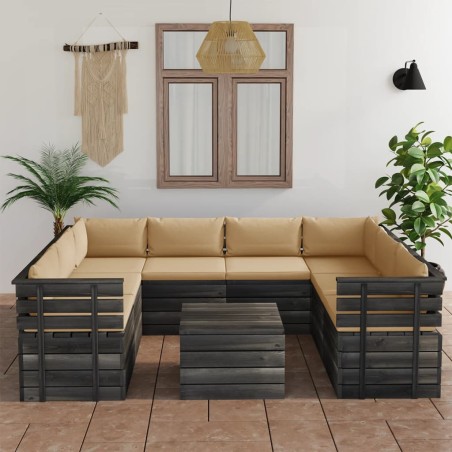 vidaXL Muebles de palets para jardín 9 pzas cojines madera maciza pino