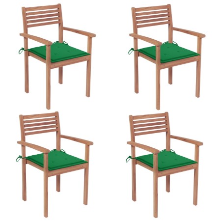 vidaXL Sillas de jardín 4 uds madera maciza de teca con cojines verdes