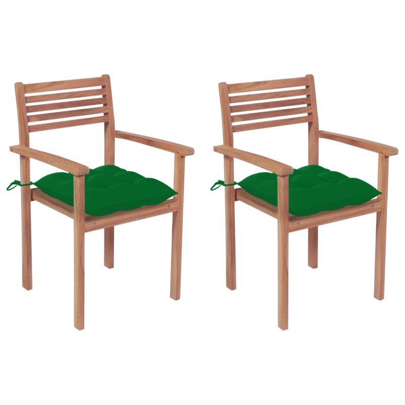 vidaXL Sillas de jardín 2 uds madera maciza de teca con cojines verdes vidaXL Sillas de jardín 2 uds madera maciza de teca con cojines verdes
