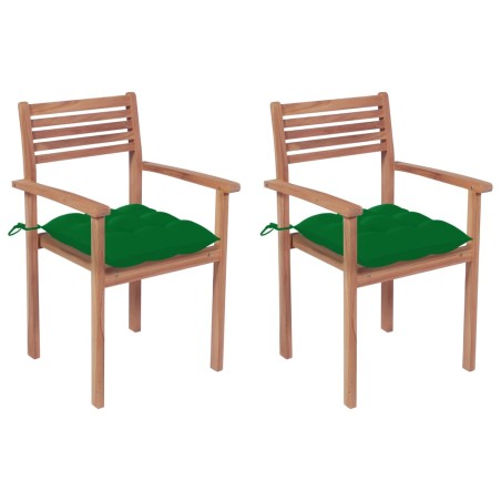 vidaXL Sillas de jardín 2 uds madera maciza de teca con cojines verdes