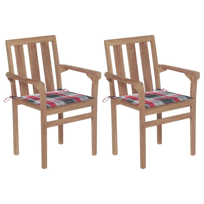 vidaXL Sillas de jardín 2 uds madera teca con cojines a cuadros rojos vidaXL Sillas de jardín 2 uds madera teca con cojines a cuadros rojos