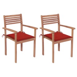 vidaXL Sillas de jardín 2 uds madera maciza de teca con cojines rojos