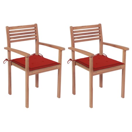 vidaXL Sillas de jardín 2 uds madera maciza de teca con cojines rojos