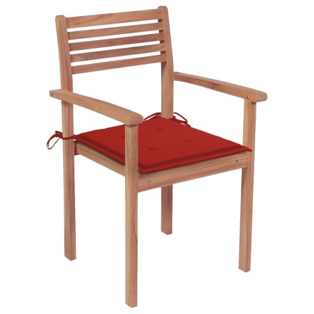 vidaXL Sillas de jardín 2 uds madera maciza de teca con cojines rojos