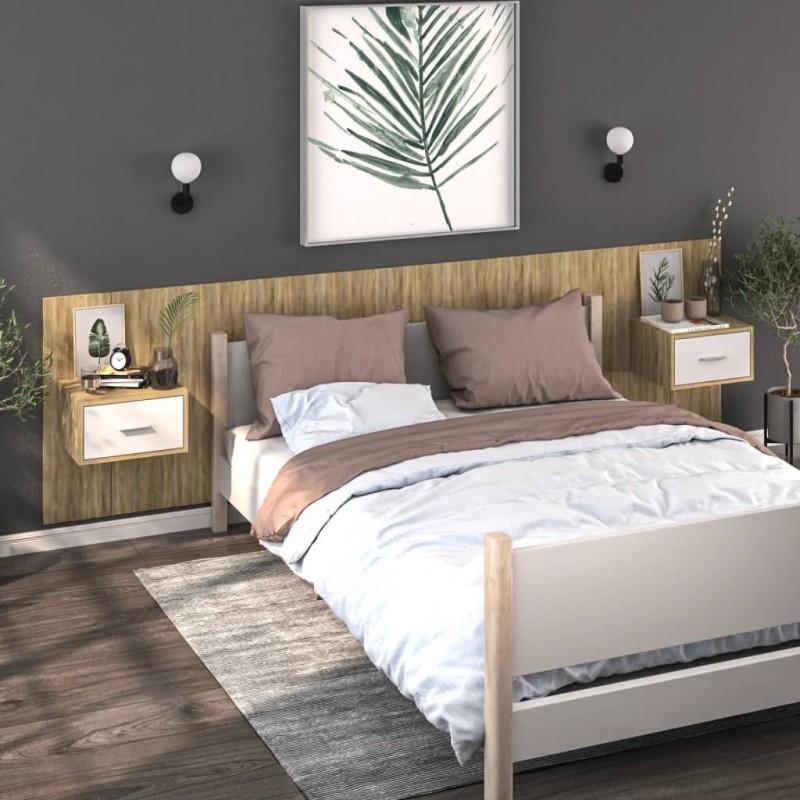vidaXL Mesitas de noche de pared 2 unidades blanco y roble Sonoma vidaXL Mesitas de noche de pared 2 unidades blanco y roble Sonoma