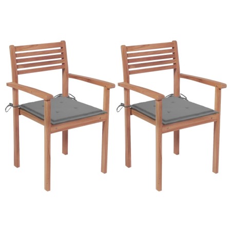 vidaXL Sillas de jardín 2 uds madera maciza de teca con cojines grises