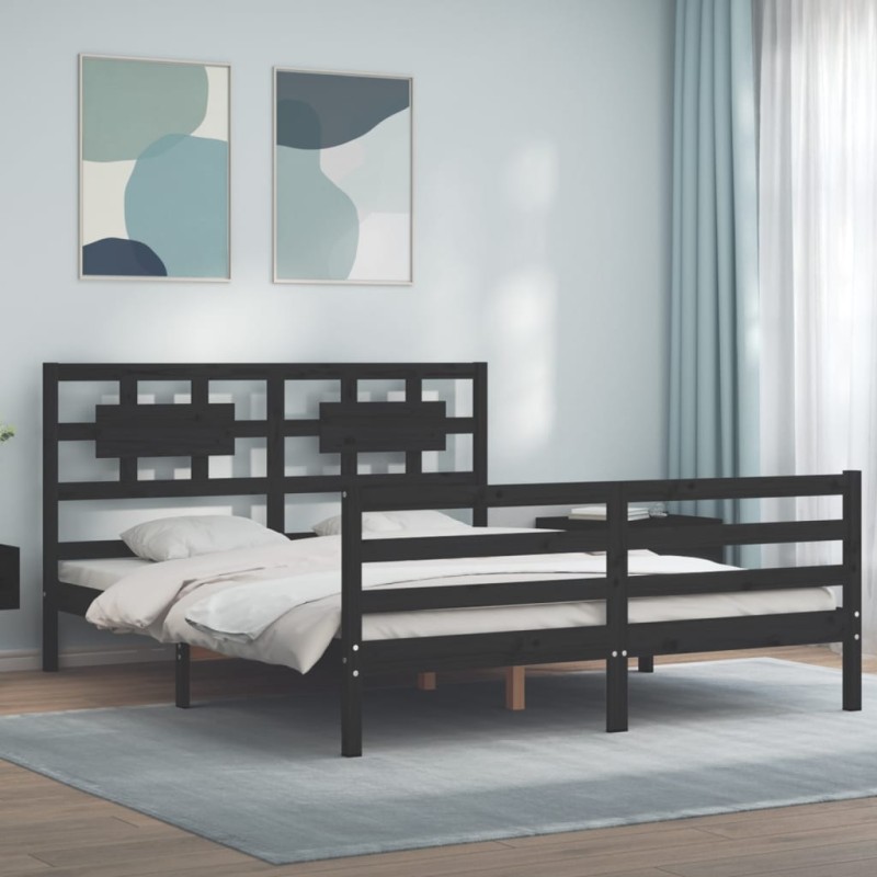 vidaXL Estructura de cama con cabecero madera maciza negro 160x200 cm vidaXL Estructura de cama con cabecero madera maciza negro 160x200 cm