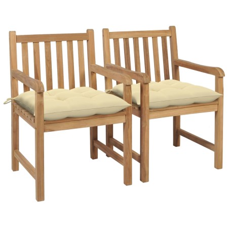 vidaXL Sillas de jardín 2 uds madera de teca con cojines blanco crema