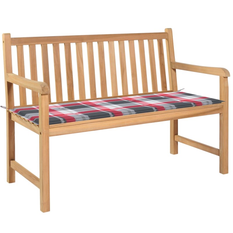 vidaXL Banco de jardín madera de teca con cojín a cuadros rojo 120 cm vidaXL Banco de jardín madera de teca con cojín a cuadros rojo 120 cm