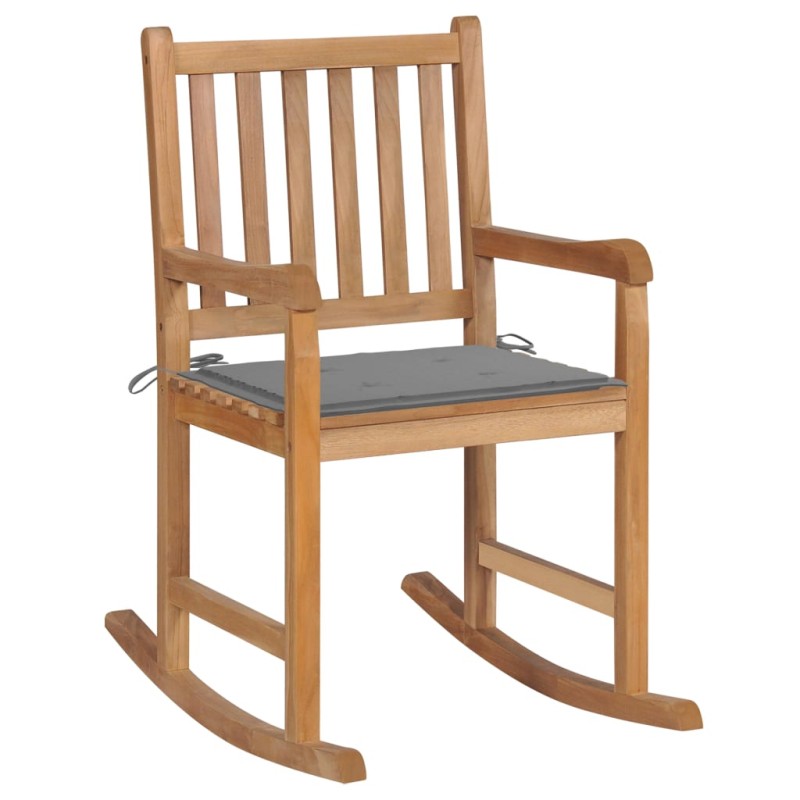 vidaXL Silla mecedora de madera maciza de teca con cojín gris vidaXL Silla mecedora de madera maciza de teca con cojín gris