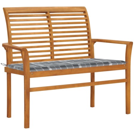vidaXL Banco de jardín madera de teca con cojín a cuadros gris 112 cm