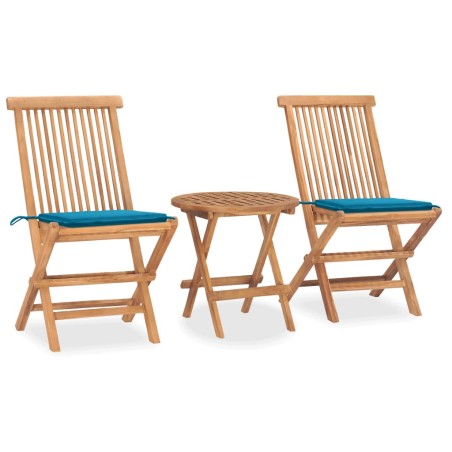 vidaXL Set comedor de jardín plegable 3 piezas madera de teca cojines