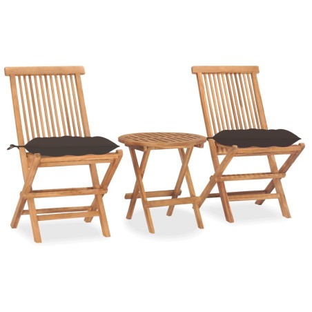 vidaXL Set comedor de jardín plegable 3 piezas madera de teca cojines