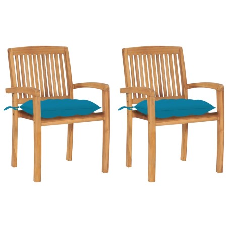 vidaXL Sillas de jardín 2 uds madera de teca con cojines azul claro