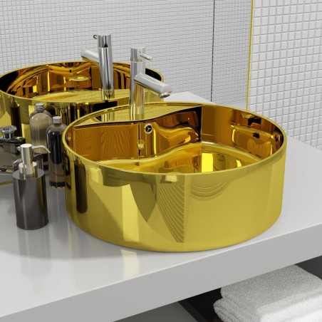 vidaXL Lavabo con rebosadero 46,5x15,5 cm cerámica dorado