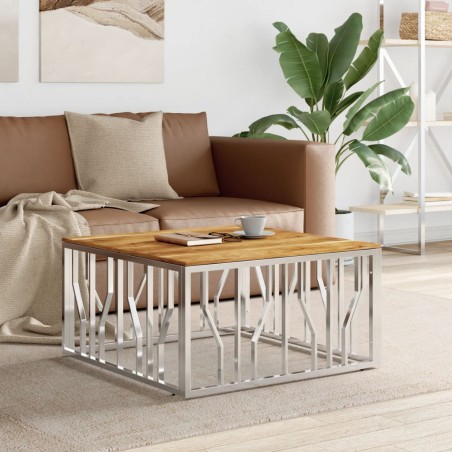 vidaXL Mesa de centro acero inoxidable y madera maciza acacia plateada