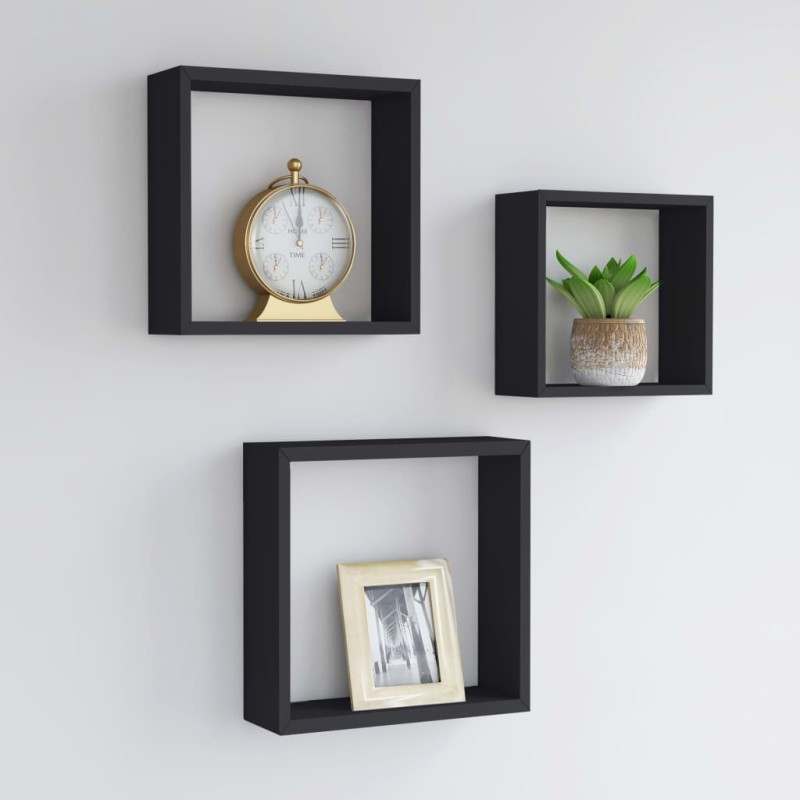 vidaXL Estantes cubo de pared 3 unidades MDF negro vidaXL Estantes cubo de pared 3 unidades MDF negro