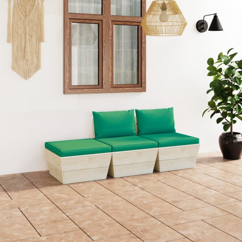vidaXL Muebles de jardín de palets 3 pzas y cojines madera de abeto vidaXL Muebles de jardín de palets 3 pzas y cojines madera de abeto