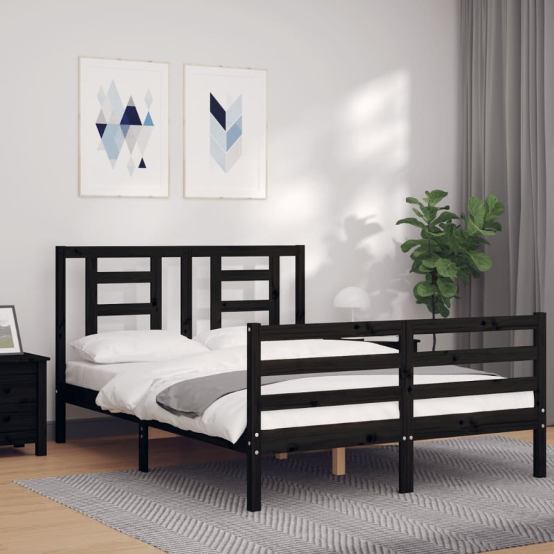 vidaXL Estructura cama de matrimonio con cabecero madera maciza negro vidaXL Estructura cama de matrimonio con cabecero madera maciza negro