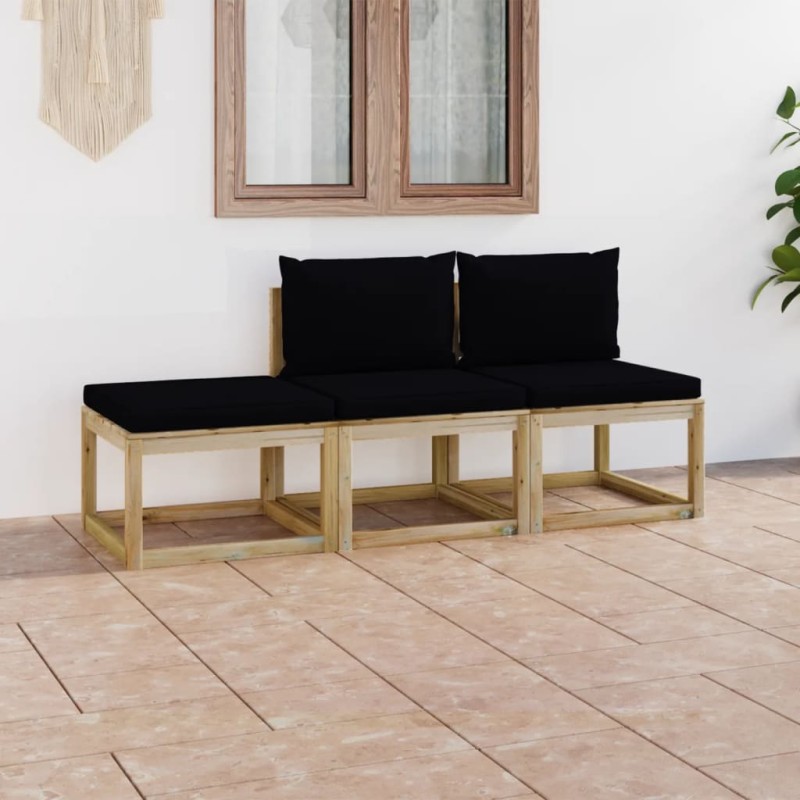 vidaXL Juego de muebles de jardín 3 piezas con cojines negros