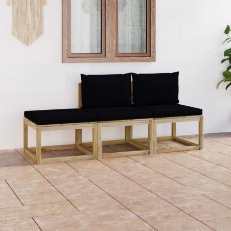 vidaXL Juego de muebles de jardín 3 piezas con cojines negros