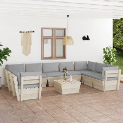 vidaXL Muebles de jardín de palés 10 piezas y cojines madera de abeto