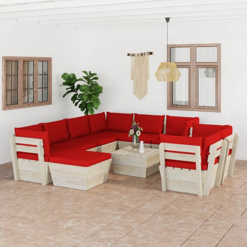 vidaXL Muebles de jardín de palets 10 pzas y cojines madera de abeto vidaXL Muebles de jardín de palets 10 pzas y cojines madera de abeto