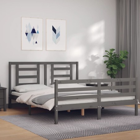 vidaXL Estructura de cama con cabecero madera maciza gris 160x200 cm