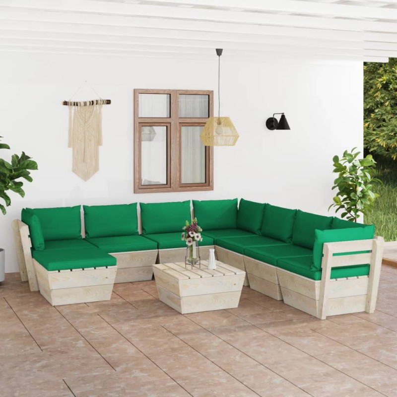 vidaXL Muebles de jardín de palets 9 piezas y cojines madera de abeto vidaXL Muebles de jardín de palets 9 piezas y cojines madera de abeto