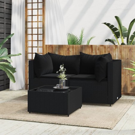 vidaXL Set de muebles de jardín 3 pzas y cojines ratán sintético negro
