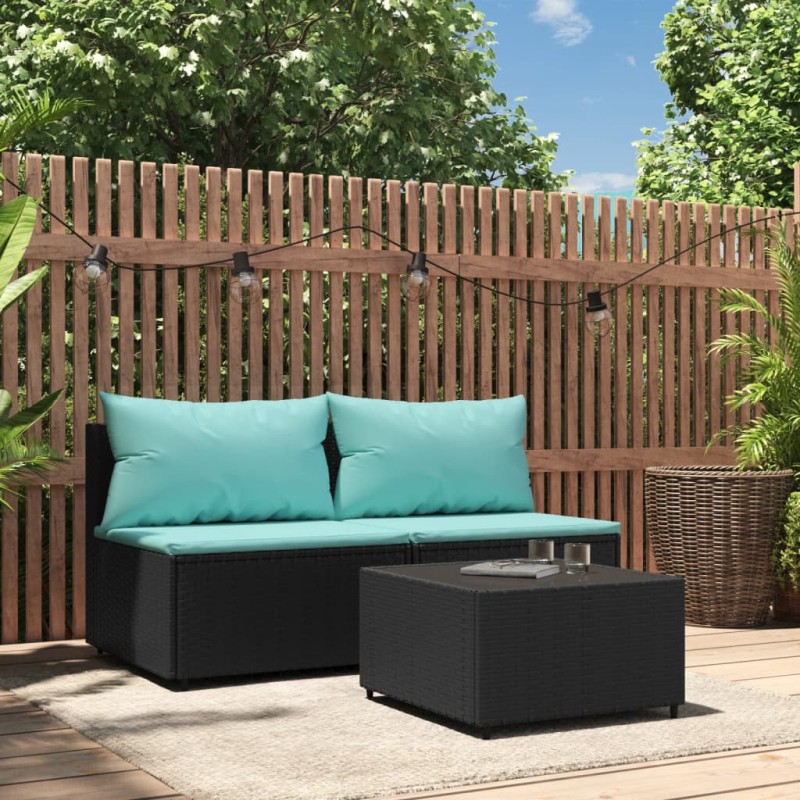 vidaXL Set de muebles de jardín 3 pzas y cojines ratán sintético negro vidaXL Set de muebles de jardín 3 pzas y cojines ratán sintético negro