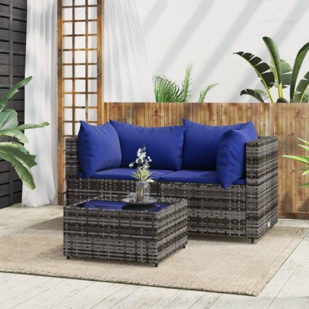 vidaXL Set de muebles de jardín 3 pzas y cojines ratán sintético gris