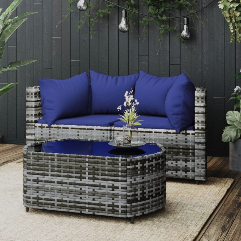 vidaXL Set de muebles de jardín 3 pzas y cojines ratán sintético gris vidaXL Set de muebles de jardín 3 pzas y cojines ratán sintético gris