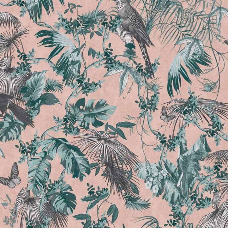 DUTCH WALLCOVERINGS Papel pintado hojas y pájaros verde y rosa DUTCH WALLCOVERINGS Papel pintado hojas y pájaros verde y rosa