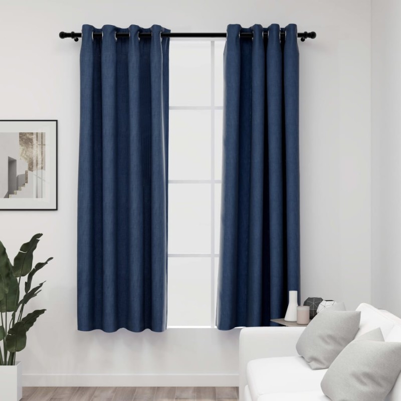 vidaXL Cortinas opacas con ojales look de lino 2 pzas azul 140x175 cm vidaXL Cortinas opacas con ojales look de lino 2 pzas azul 140x175 cm