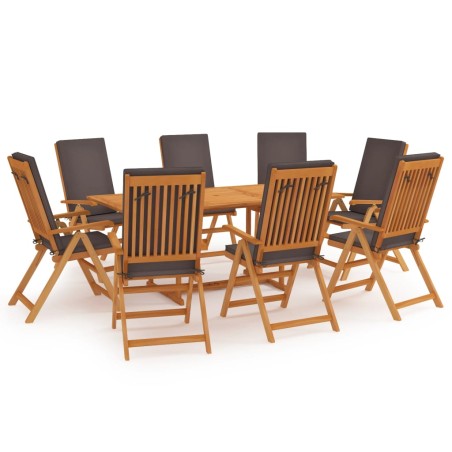 vidaXL Set de comedor para jardín 9 piezas teca maciza y cojines gris