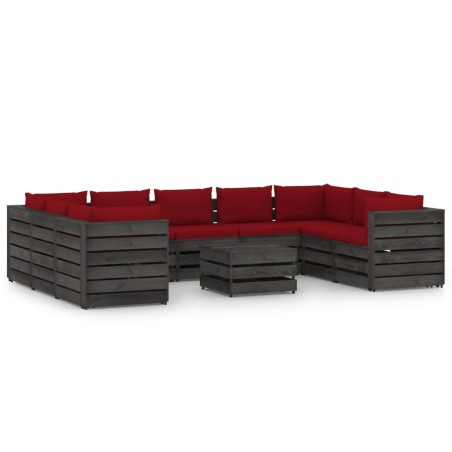 vidaXL Muebles de jardín 10 piezas con cojines madera impregnada gris