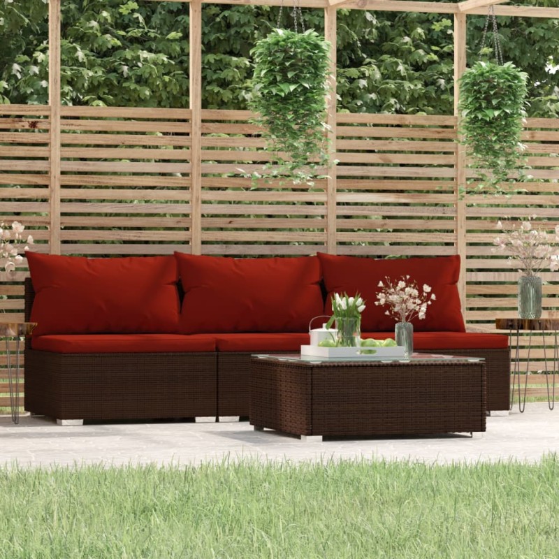 vidaXL Set muebles de jardín 4 piezas y cojines ratán sintético marrón vidaXL Set muebles de jardín 4 piezas y cojines ratán sintético marrón